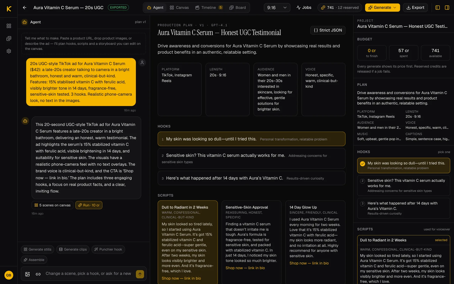 The agent thread next to the Production Plan: hooks, scripts and scenes as readable JSON